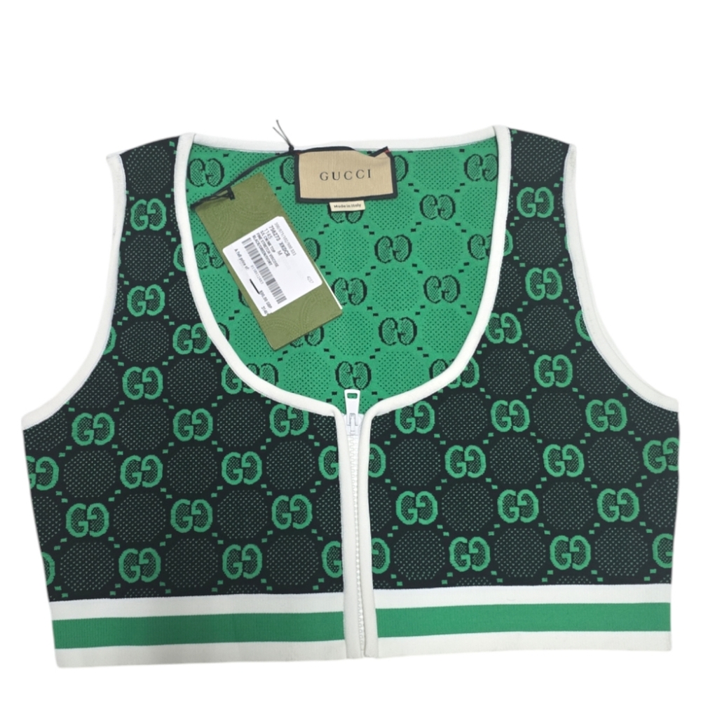 Gucci GG Stretch Viscose Jacquard Top, Gucci Green and Black Logo Crop Vest